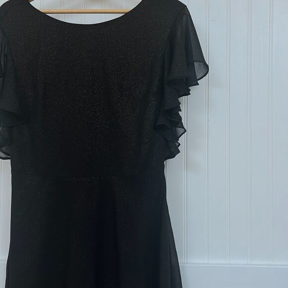 H Halston Black Gold Shimmer Ruffle Flutter Sleeve Dress Cocktail Party LBD 0 - Picture 7 of 14